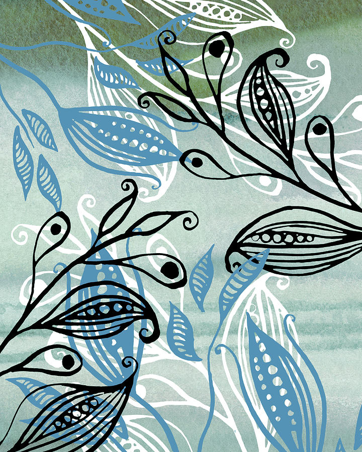 Elegant Pods And Seeds Pattern With Leaves Teal Blue Watercolor I Painting by Irina Sztukowski
