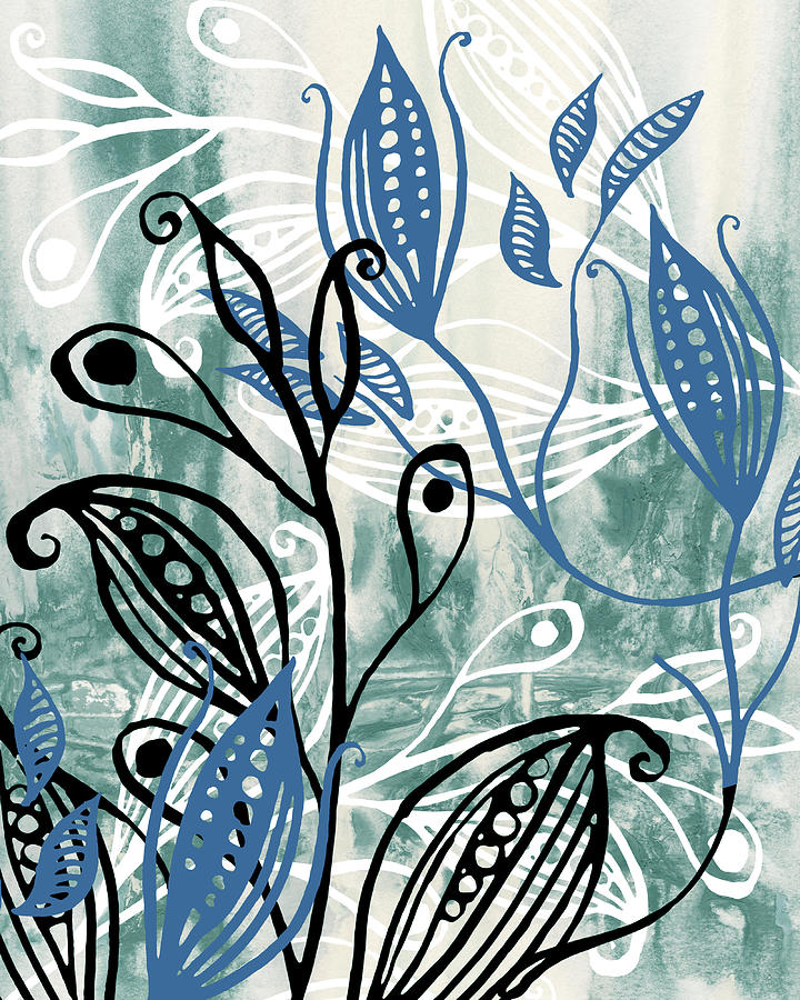 Elegant Pods And Seeds Pattern With Leaves Teal Blue Watercolor III Painting by Irina Sztukowski