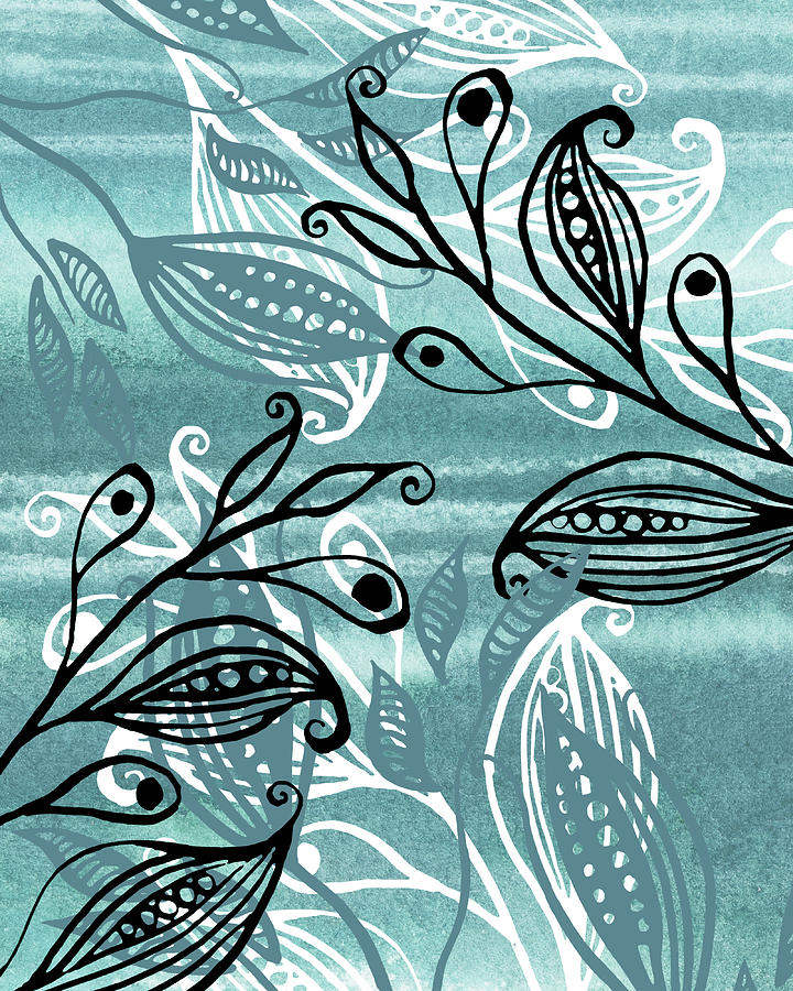 Elegant Pods And Seeds Pattern With Leaves Teal Blue Watercolor V Painting by Irina Sztukowski