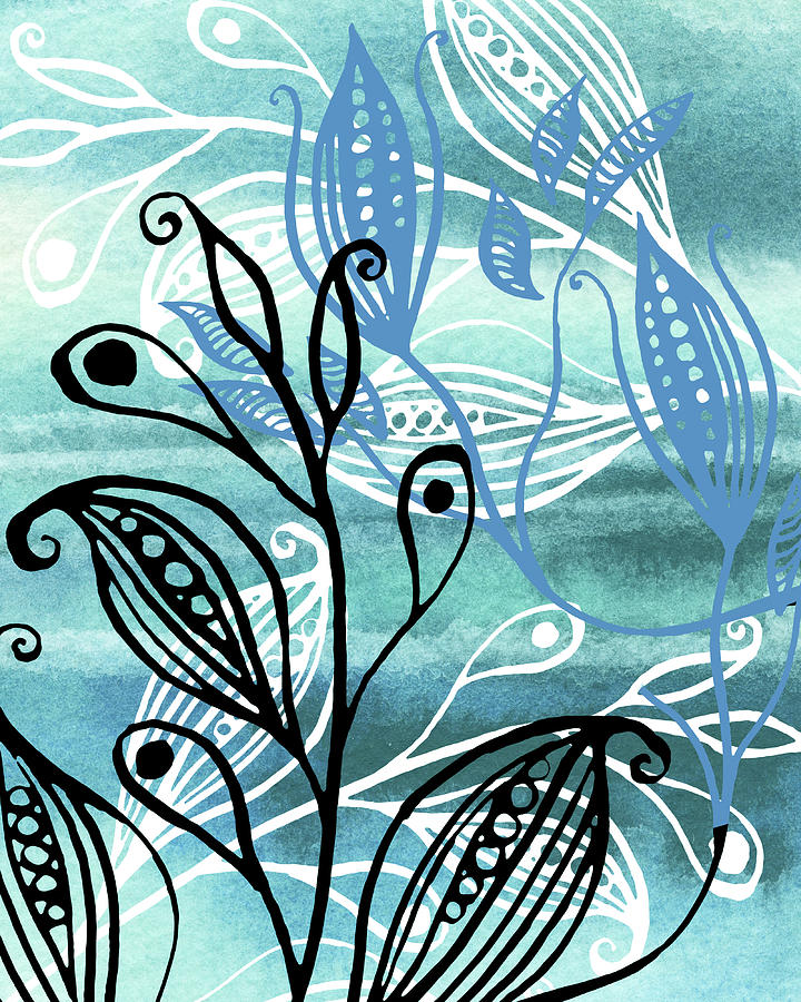 Elegant Pods And Seeds Pattern With Leaves Teal Blue Watercolor VI Painting by Irina Sztukowski