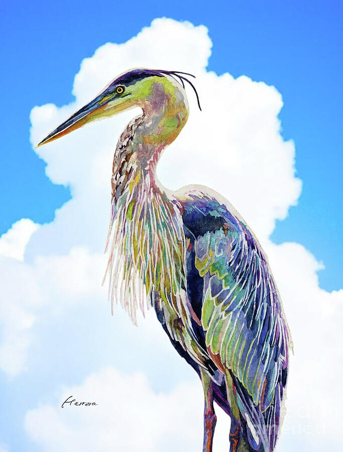 Elegant Repose - Heron Before The Clouds Painting