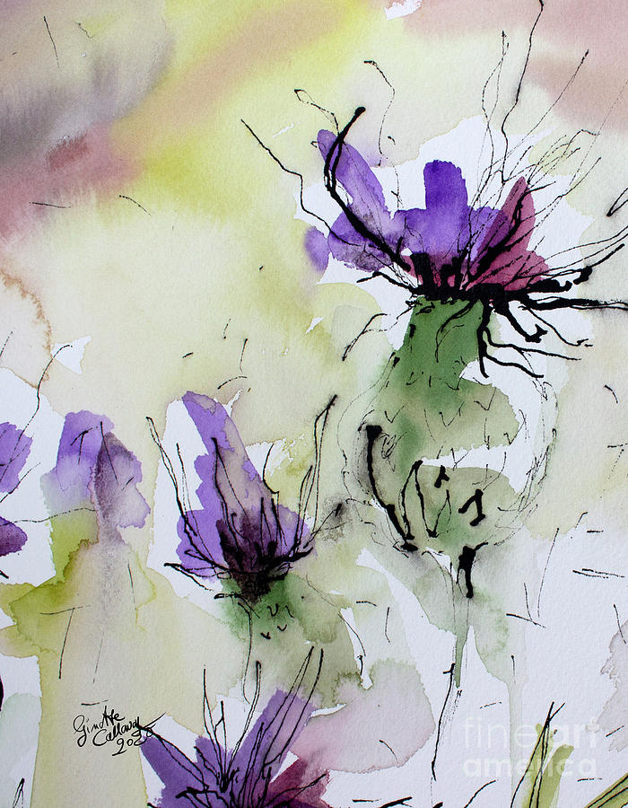 Elegant Thistles Modern Soft Flower Watercolor Painting by Ginette Callaway