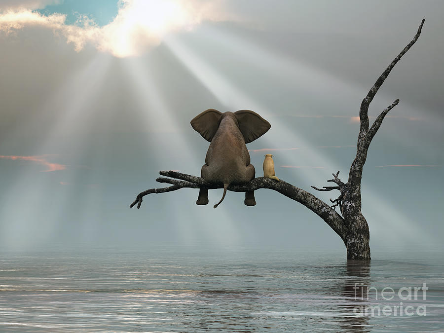 Animal Digital Art - Elephant And A Dog Are Sitting On A Tree by Mike Kiev