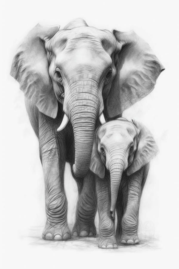 Wildlife Drawing - Elephant and calf by David Mohn