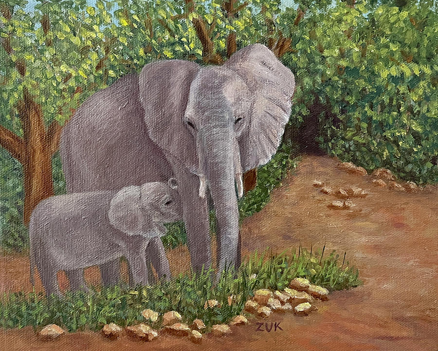 Elephant and Calf Painting by Karen Zuk Rosenblatt