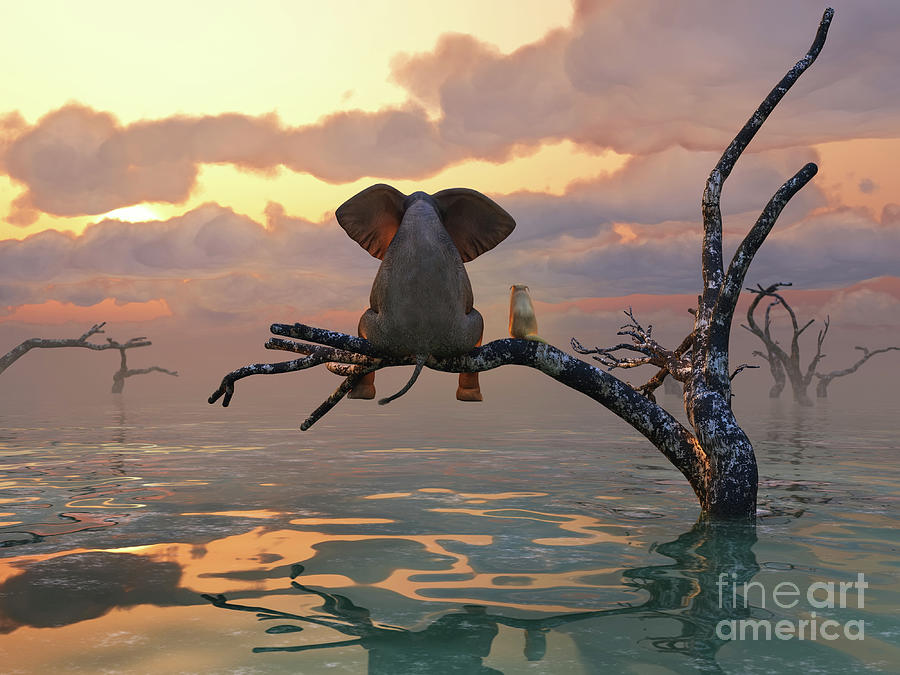 Animal Digital Art - Elephant And Dog Sit On A Tree During A Flood by Mike Kiev
