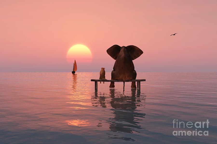 Animal Digital Art - Elephant And Dog Sitting In The Middle Of The Sea by Mike Kiev