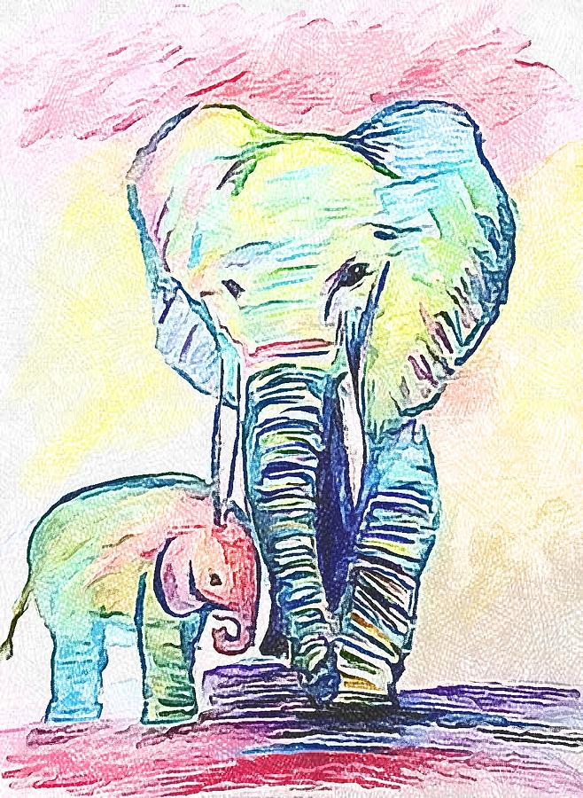 Elephant And Elephant Animals Drawing by Maxim Kalashnikov - Fine Art ...