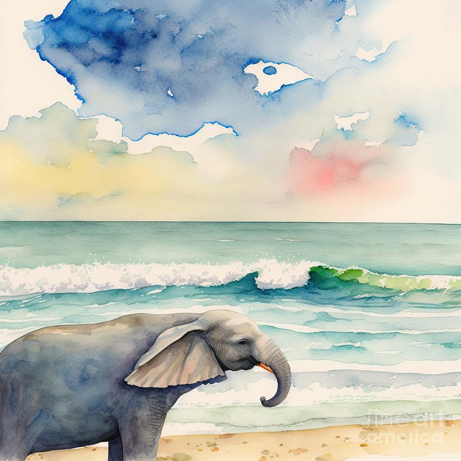 Nature Painting - Elephant at beach by N Akkash