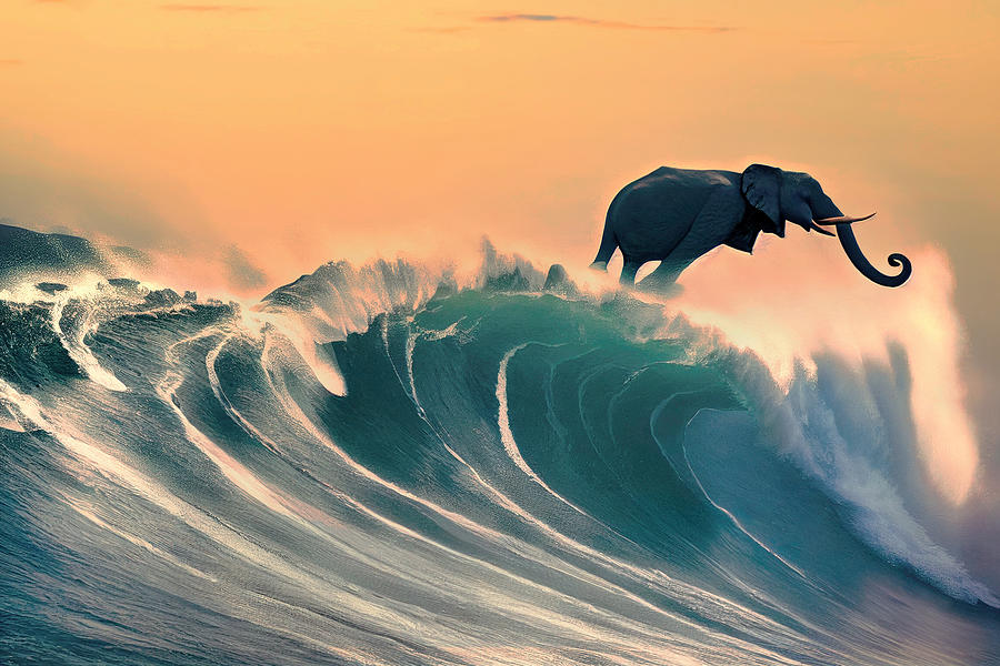 Elephant Catching A Big Wave - Sunset Digital Art by Craig Boehman