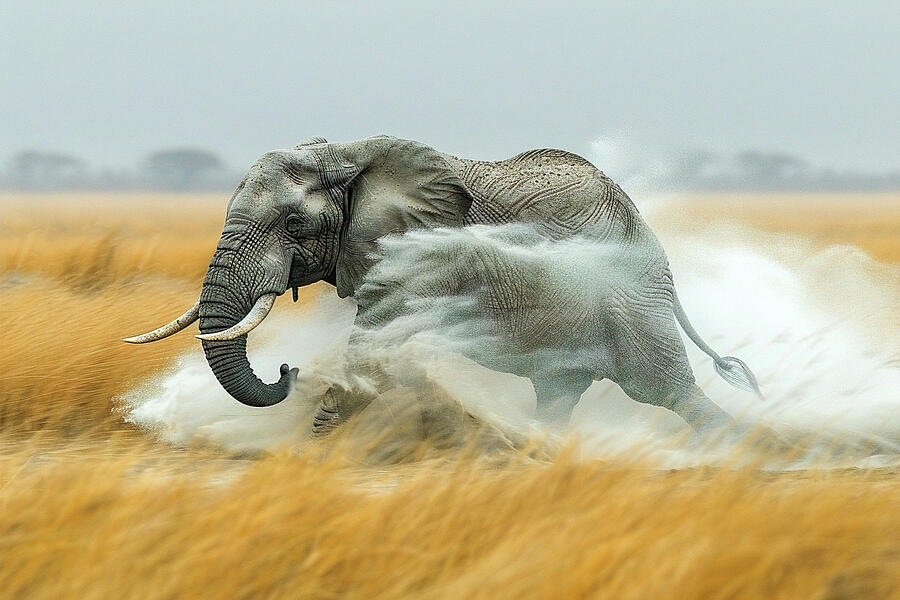 Nature Photograph - Elephant charging through grassland with dust trail. by David Mohn