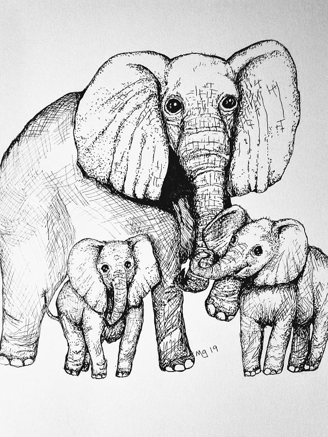 Elephant Family Drawing by Mindy Gibbs