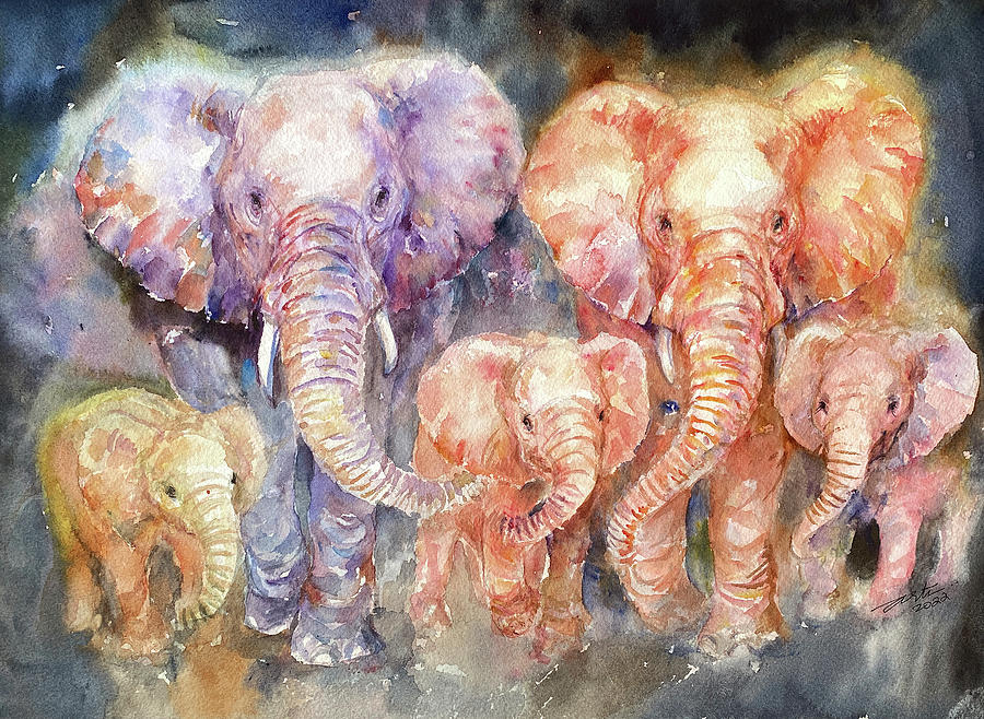 Elephant Family of Five Painting by Arti Chauhan