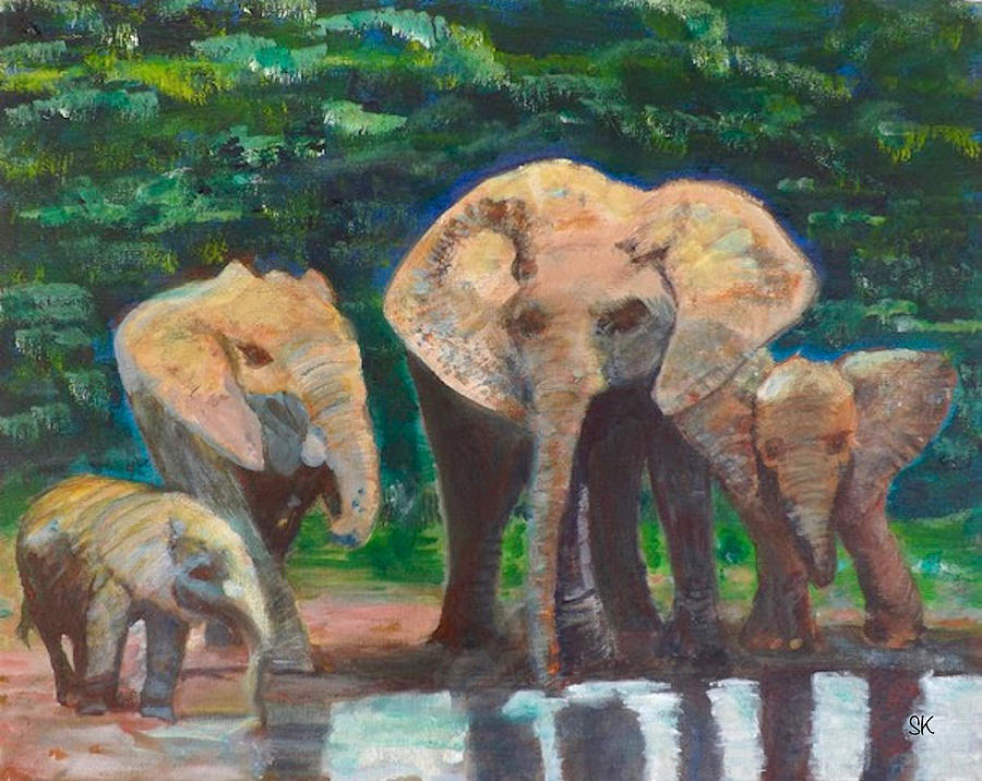 Elephant Family Watering Painting by Sherry Killam