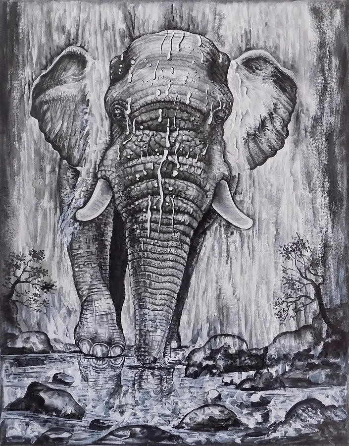 Nature Painting - Elephant From The Waterfall by Asp Arts