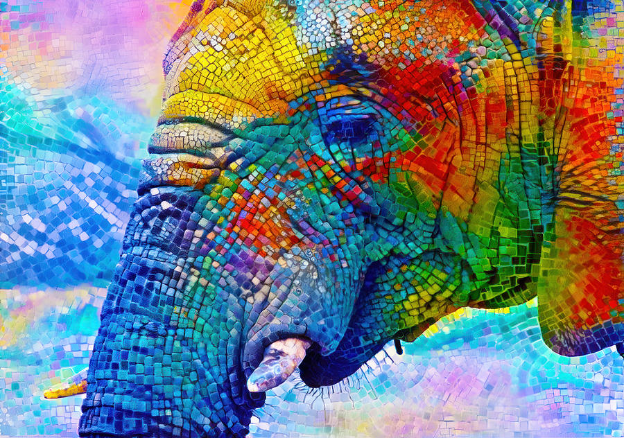 Elephant head side-view close up - colorful mosaic Digital Art by Nicko ...