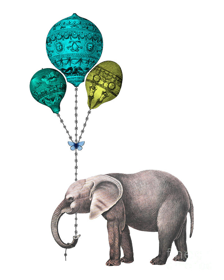 Elephant Digital Art - Elephant holding blue and yellow balloons by Madame Memento
