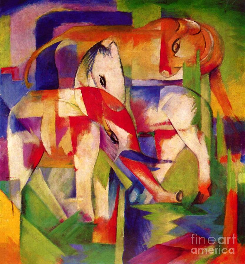 Elephant, horse, cattle, winter Painting by Franz Marc