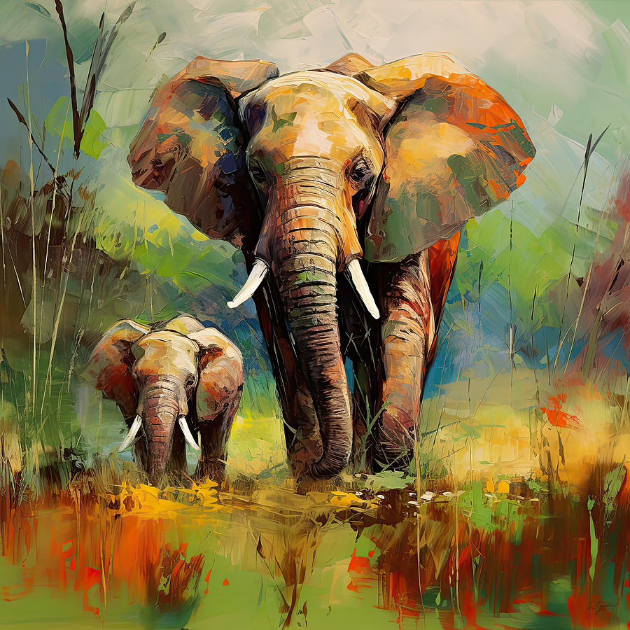 Elephant Mother and Calf Painting by Lourry Legarde
