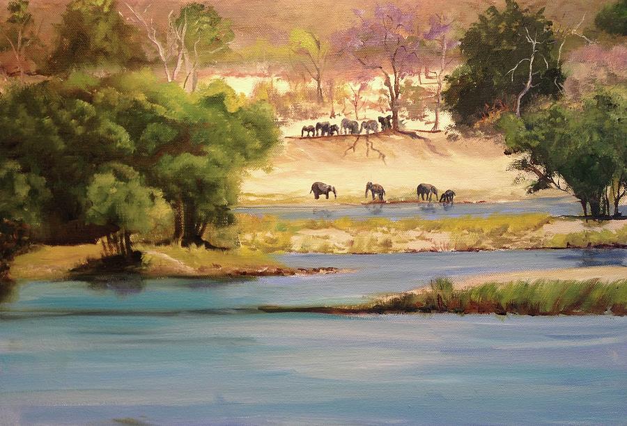 Elephant Watering Hole Painting by Judy Rixom