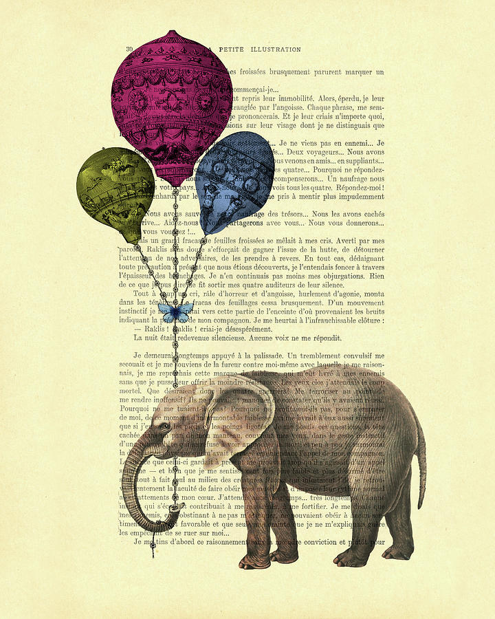 Vintage Mixed Media - Elephant with colorful balloons by Madame Memento