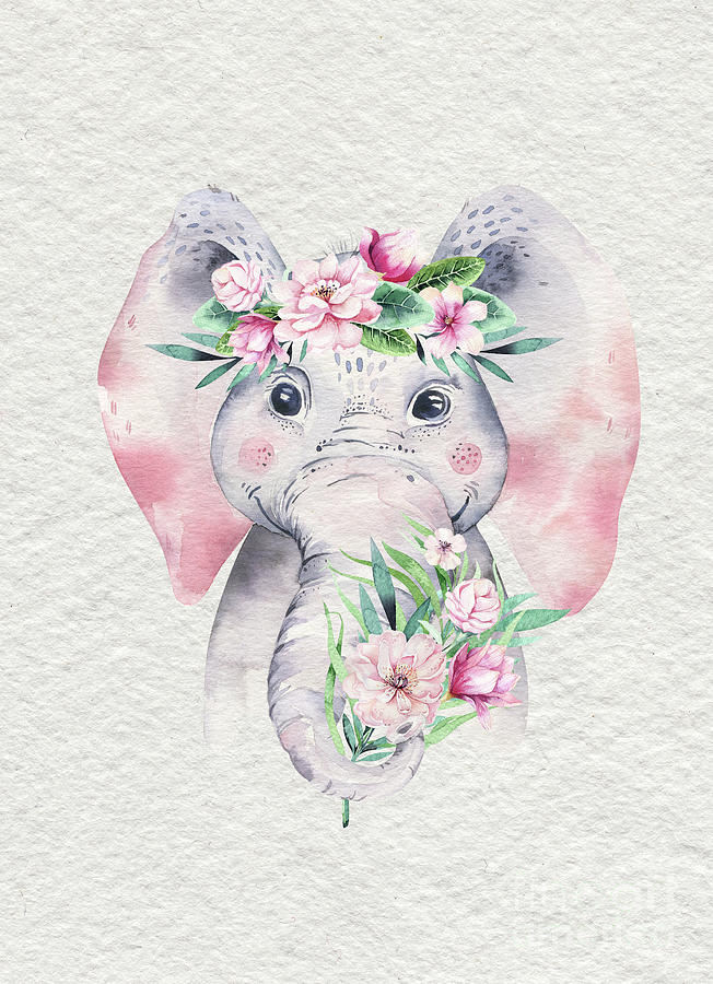 Elephant With Flowers Painting by Nursery Art