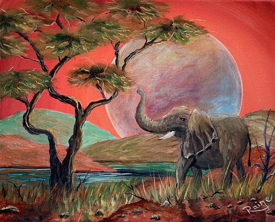 Elephant with Trunk Up in the Moonlight Painting by Inspirations by Raine