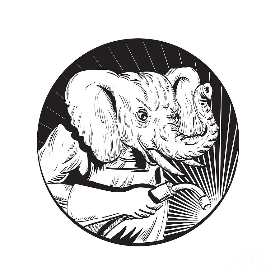 Elephant With Welding Torch Circle Line Drawing Black and White Digital ...