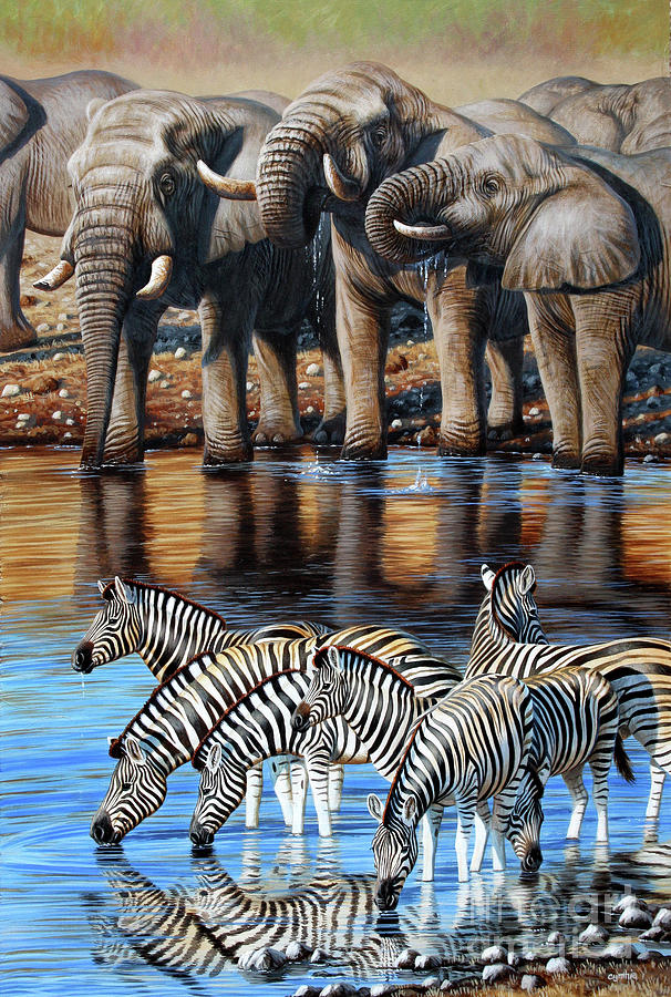 Elephants And Zebra Painting by Cynthie Fisher