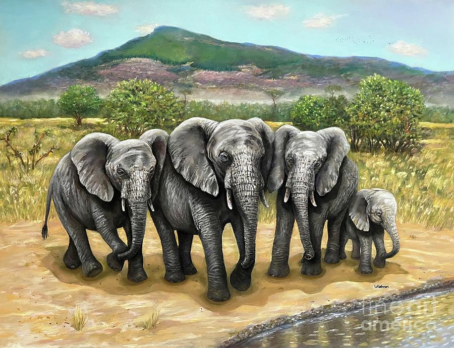 Elephants at Water Pastel by Wendy Koehrsen