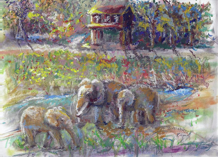 Elephants at Watering Hole Painting by Bernadette Krupa