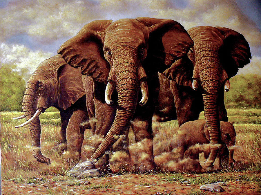 Elephants Challenge Painting by Charles Berry