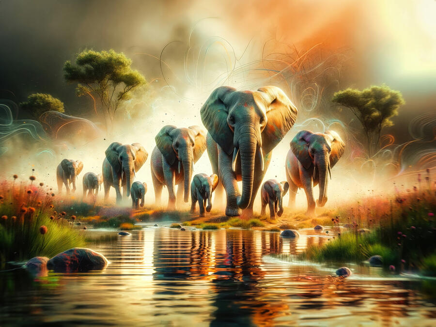 Elephants in Morning Mist Digital Art by Bill And Linda Tiepelman