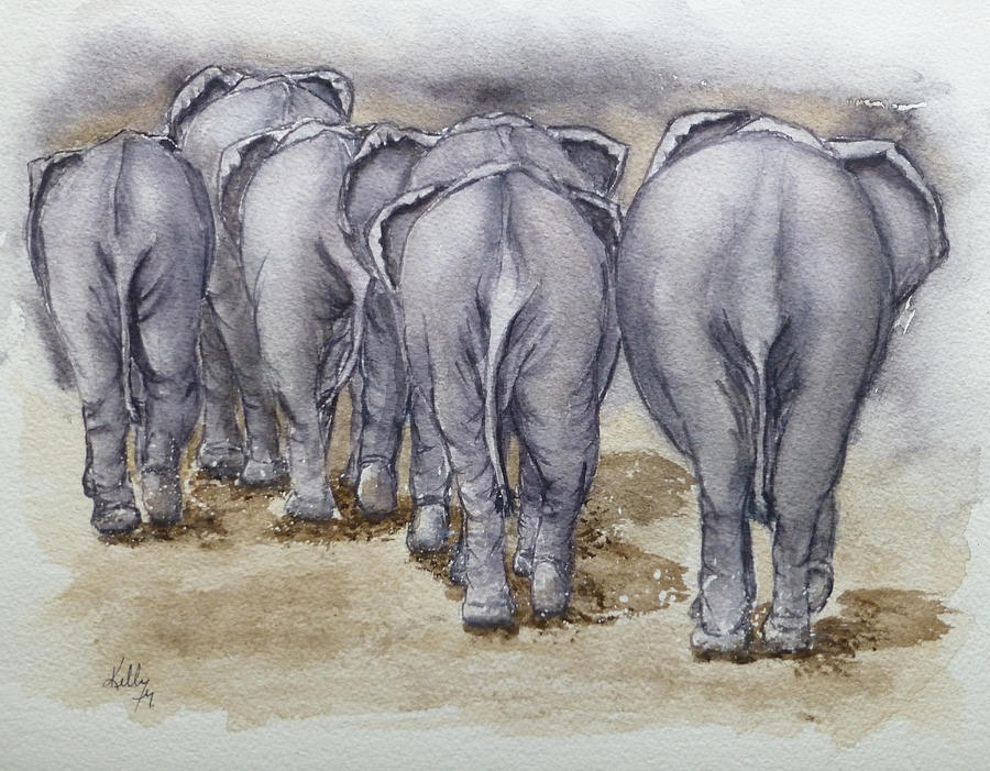 Elephants Leaving...No Butts about it Painting by Kelly Mills