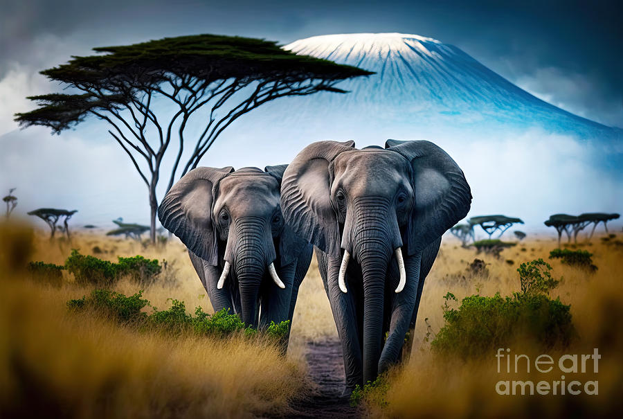 Elephants on african savanna with Mount Kilimanjaro. Generative AI Photograph by Michal Bednarek