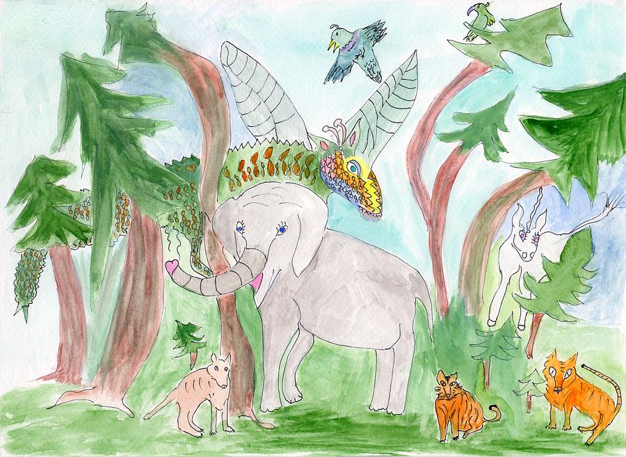 Elephoot and forest friends Painting by Helen Holden-Gladsky