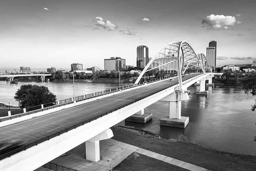 Elevated Glimpse Of Downtown Little Rock Skyline And Broadway Bridge - Black And White Photograph by Gregory Ballos