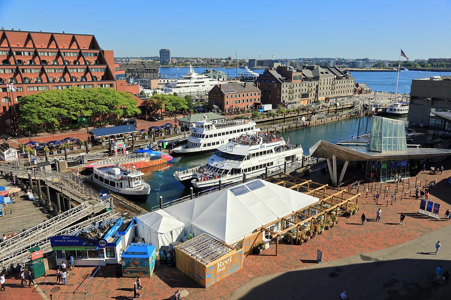Elevated view at Boston harbor with several tour boats Photograph by Rainer Grosskopf