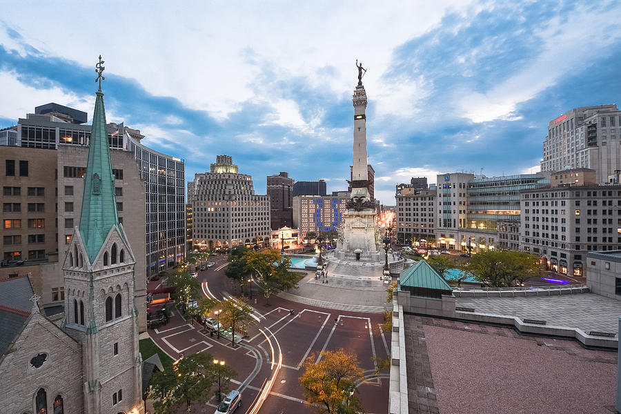 Elevated view of Indiana States Soldiers and Sailors Monument on Monument Circle, Indiana, USA Photograph by Sir Francis Canker Photography