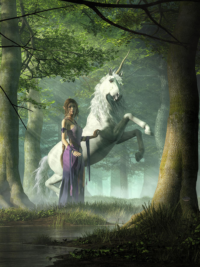 Elf and Unicorn in a Forest Digital Art by Daniel Eskridge