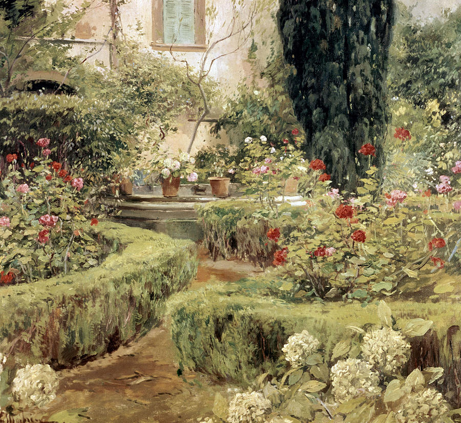 Eliseo Meifren Roig -1859-1940-/ Garden With Hydrangeas - 20th Century. Painting by Eliseo Meifren Roig -1859-1940-