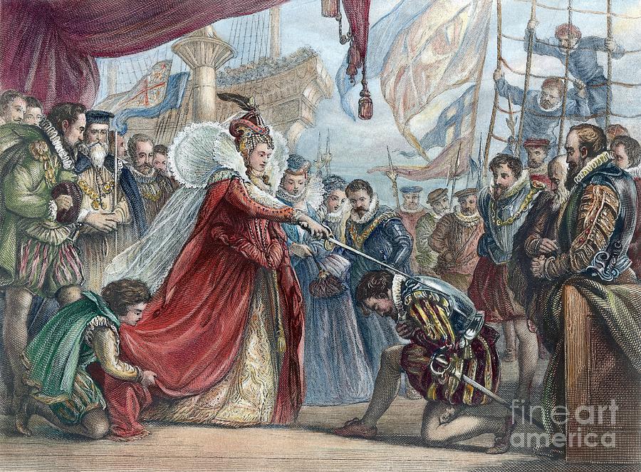 Elizabeth I and Francis Drake Drawing by Granger