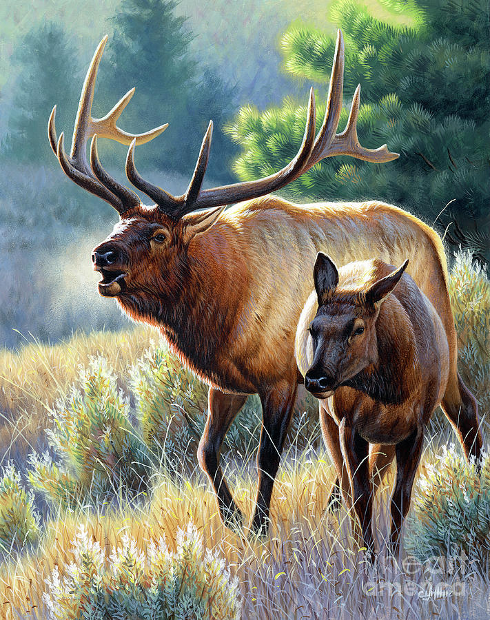 Elk And Cow Painting by JQ Licensing