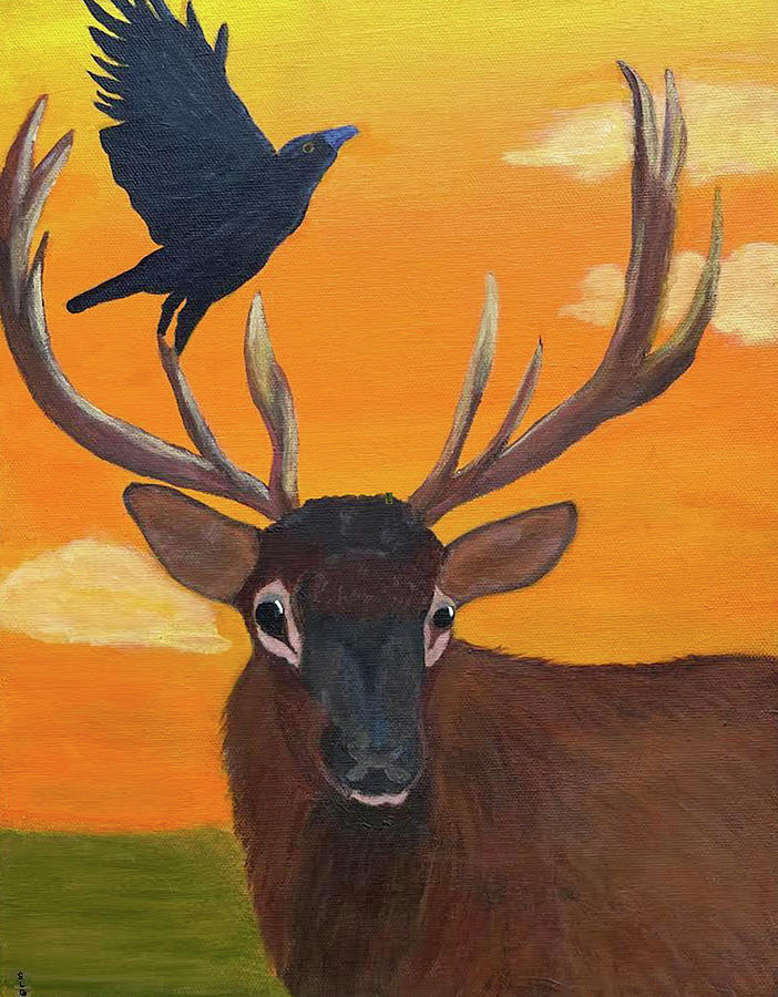 Elk and Crow Painting by Sue Gurland