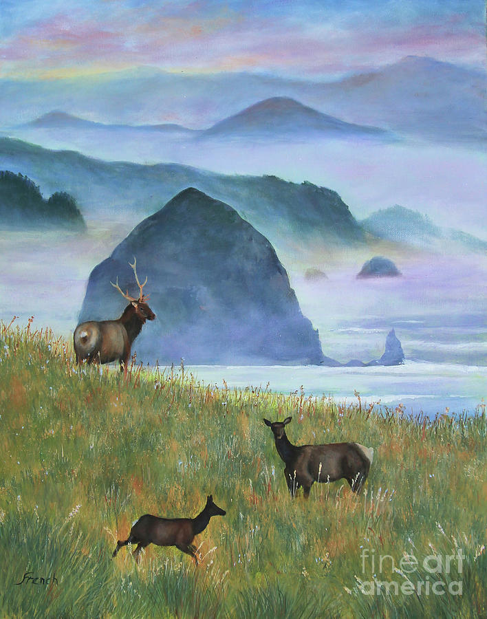 Elk and Haystack Rock Painting by Jeanette French