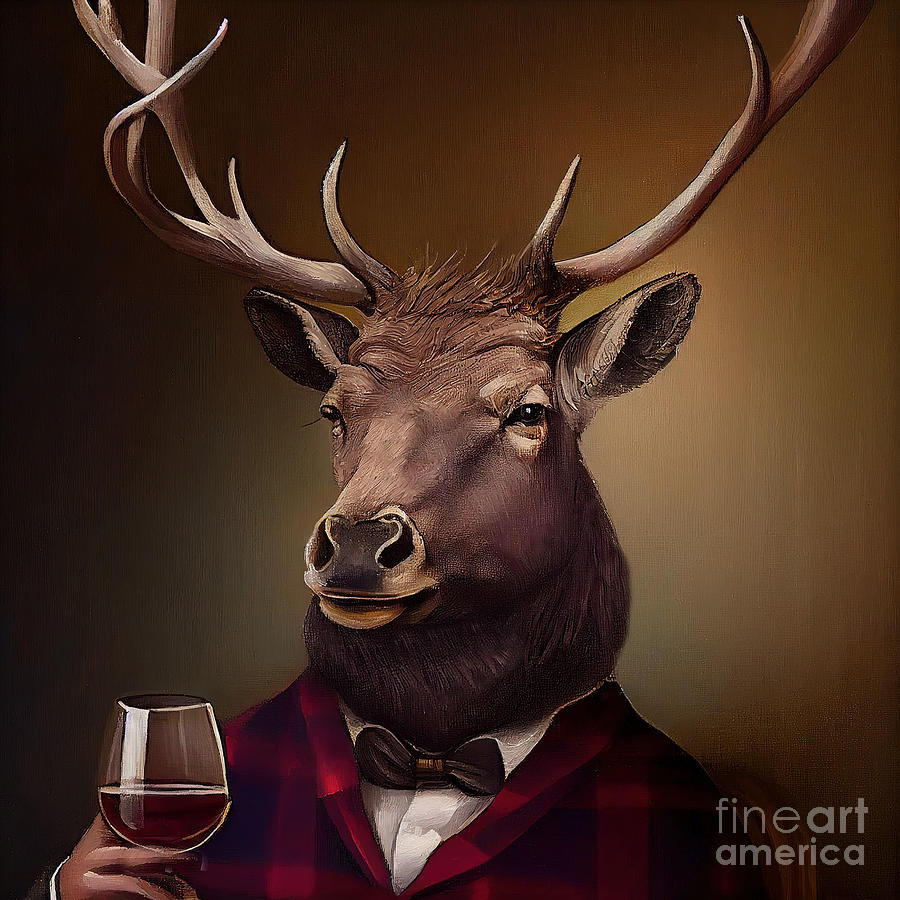 Nature Painting - Elk Having Drink  by N Akkash