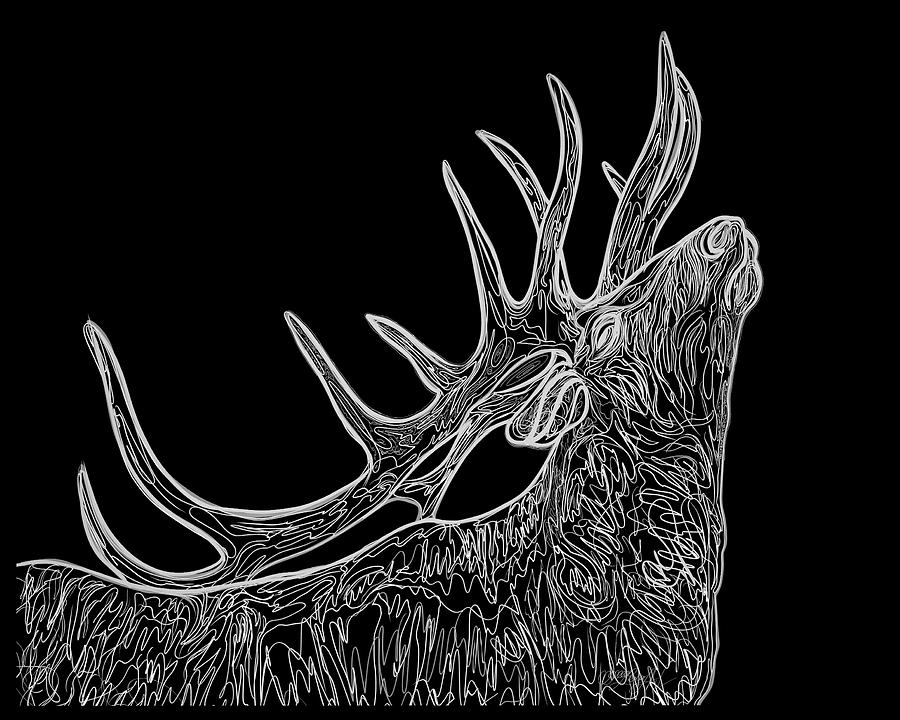 Elk Whisperer White Line Drawing Silhouette Black Background Painting