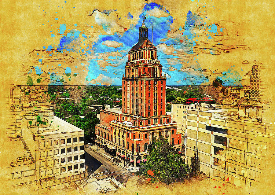 Elks Tower in Sacramento - painting and sketch Digital Art by Nicko Prints