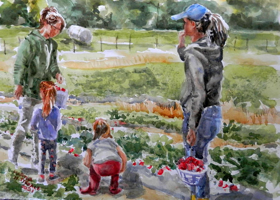 Elliott Farms Strawberry Picking Painting by Martha Tisdale