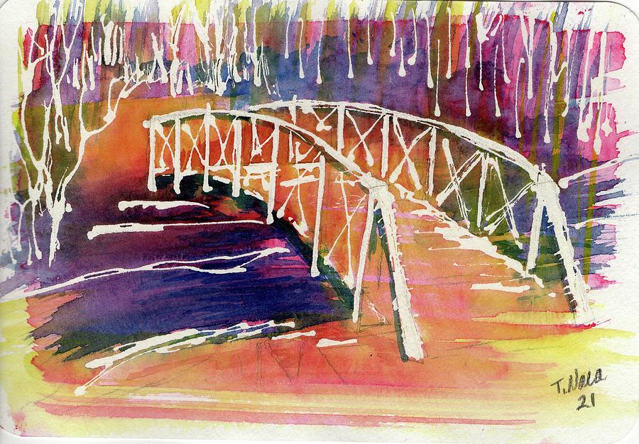 Elm Creek Bridge Orange Painting by Tammy Nara